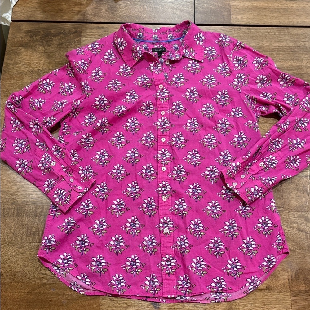 Talbots Button Down Shirt - large. Pink floral pattern. Lightweight. Cotton